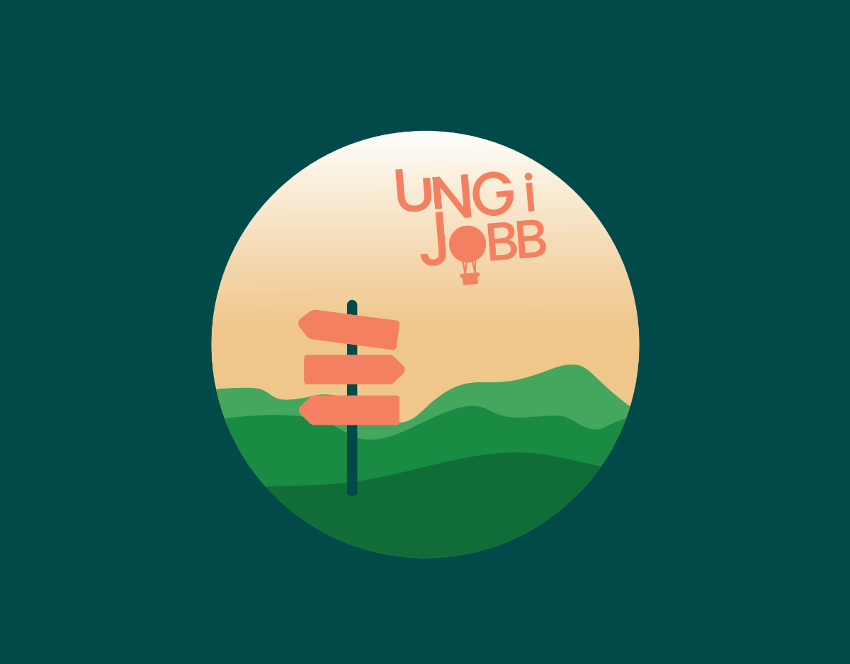 Ung i jobb logo på grafisk illustrasjon av natur og skilt